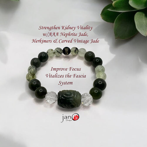 Strengthen Kidney Vitality w/Carved Vintage Jade, AAA Canadian Nephrite Jade, Herkimers and Prehnite - Healing Gemstones