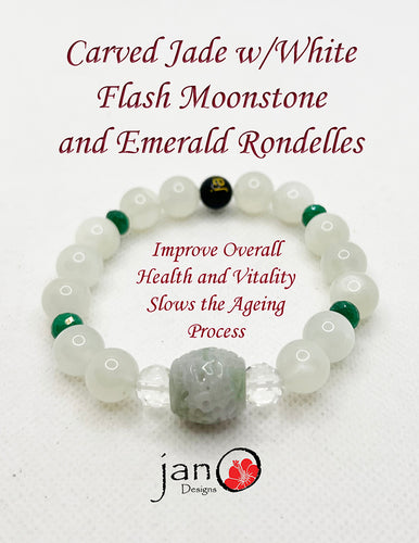Carved Vintage Jade w/White Flash Moonstone, Emeralds & Herkimers - Healing Gemstones